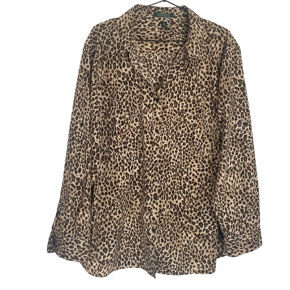 Lauren Ralph Lauren Womens Button Up Shirt Leopard Animal Print 3X Roll Tab Chic